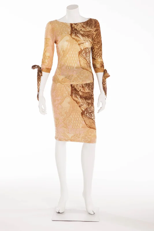 Roberto Cavalli - 2PC 3/4 Sleeve Cream and Brown Print Top & Skirt - S