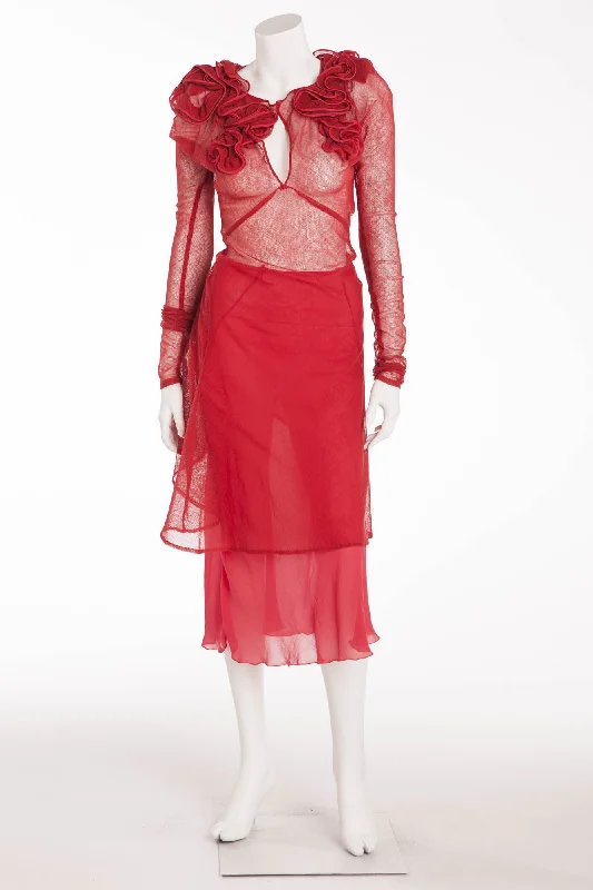 Sonia Rykiel - 2PC Red Sheer Top with Roses and Skirt -