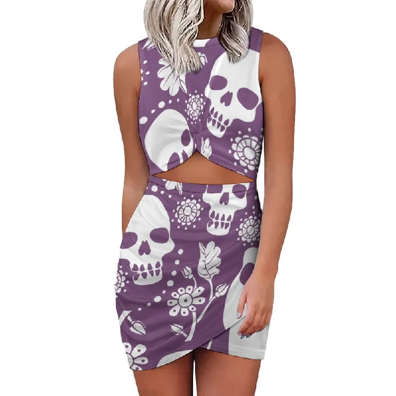 Women's Purple White Skulls Navel-Baring Cross-Fit Skirt