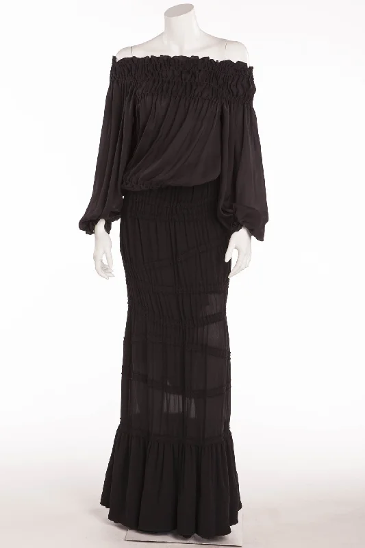 Tom Ford for Yves Saint Laurent - 2PC Black Chiffon Long Sleeve Top & Skirt with Leather Belt - FR 38