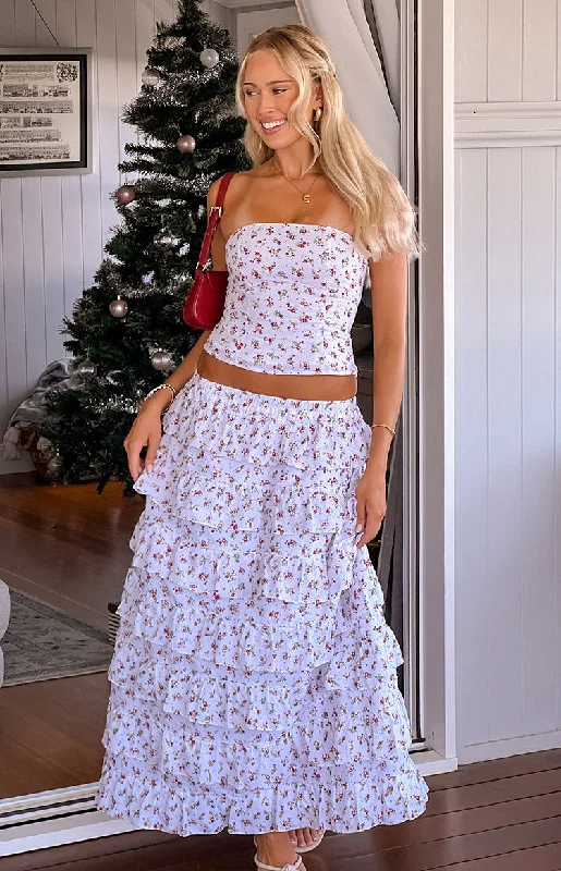 Paisley White Floral Ruffle Maxi Skirt