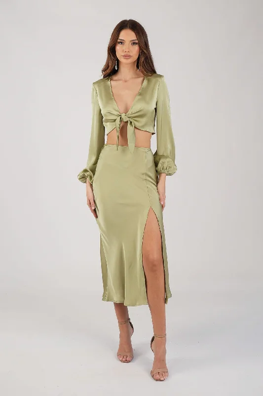 Quinn Satin Set - Long Sleeve Crop Top and Midi Skirt in Olive