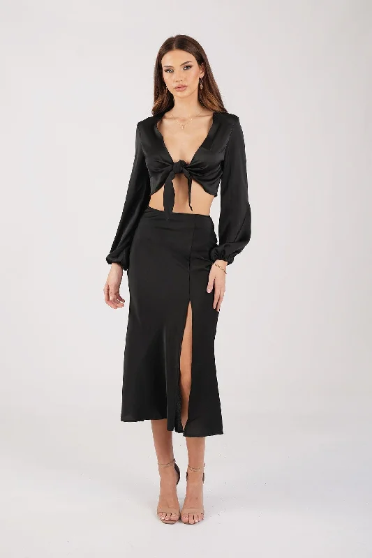 Quinn Satin Set - Long Sleeve Crop Top and Midi Skirt in Black