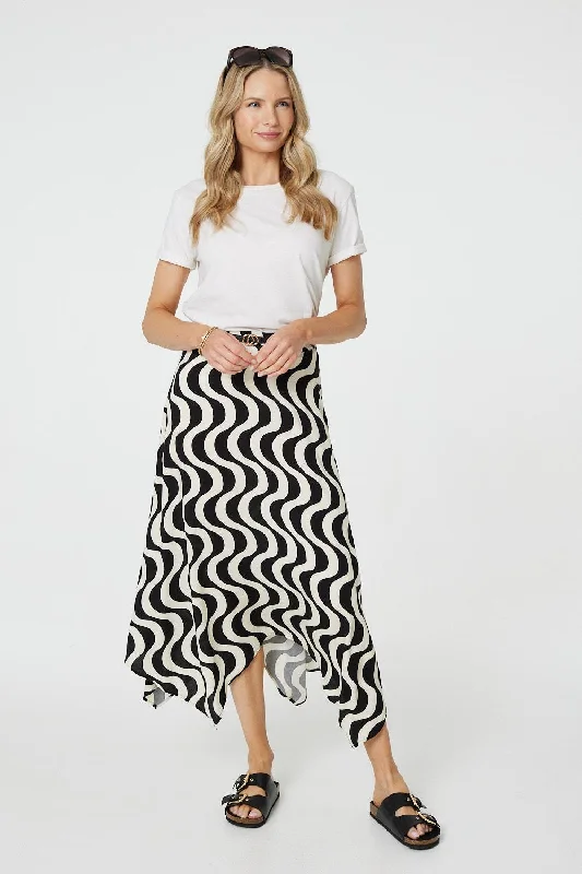 Wave Print Hanky Hem Belt Midi Skirt