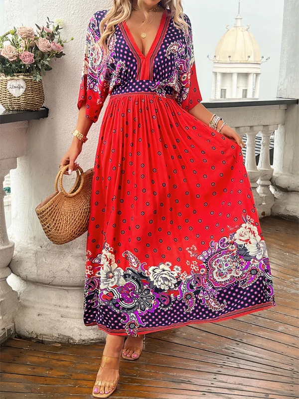 Spring and summer casual holiday printed V-neck long skirt