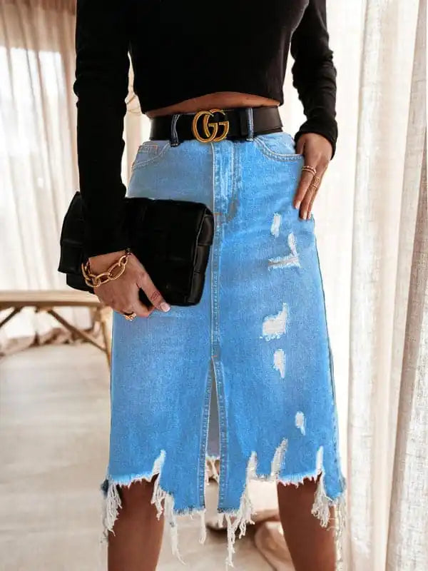 Women’s Casual Washed Irregular Ripped Fringed Denim Skirt