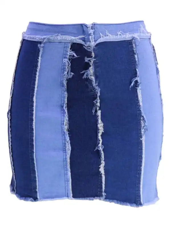 Women’s High Waist Patchwork Washed Pleated Denim Skirt