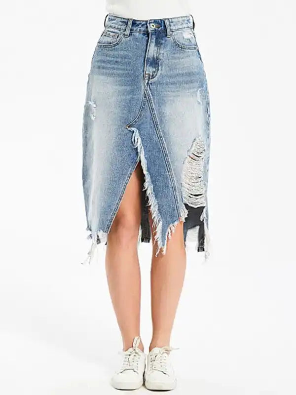 Women’s Irregular fringed ripped butt-lifting denim midi skirt