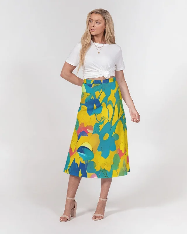 Beautiful yellow and blue hint of red pattern Women's A-Line Midi Skirt