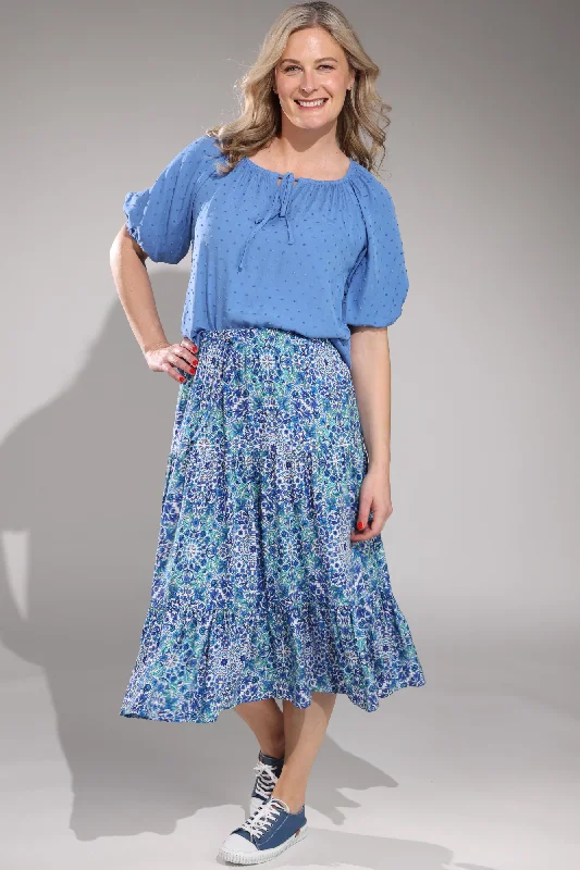 Pull on elastic waist Tiered Skirt | Blues Sage Vine | 3367A1