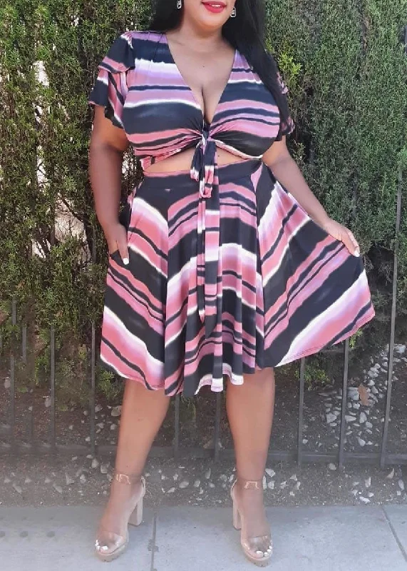 Hi Curvy Plus Size Women Multi Stripe Print Wrap Top & Flare Skirt Set