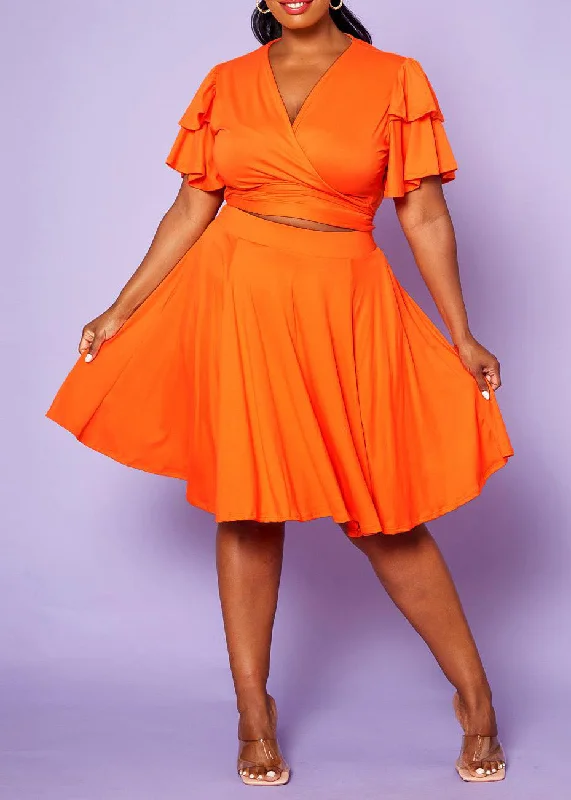 Hi Curvy Plus Size Women Ruffle Sleeve Wrap Blouse & Flare Skirt Set