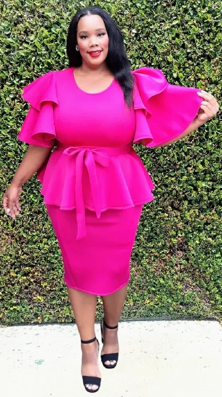 Plus Size Ruffle sleeves Ruff Hem Skirts Set With Belt