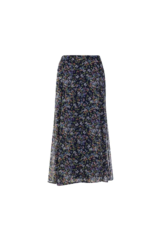 Printed Chiffon Skirt | Navy Multi Leaf | 7127AR