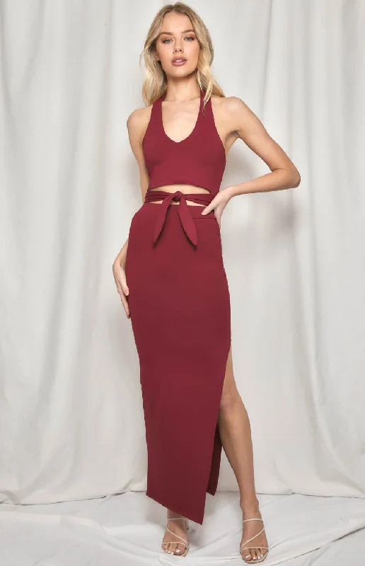 Stretch Bodycon Set with Halter Top and Maxi Skirt