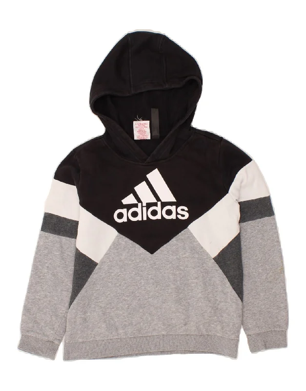 ADIDAS Boys Graphic Hoodie Jumper 9-10 Years Grey Colourblock Cotton