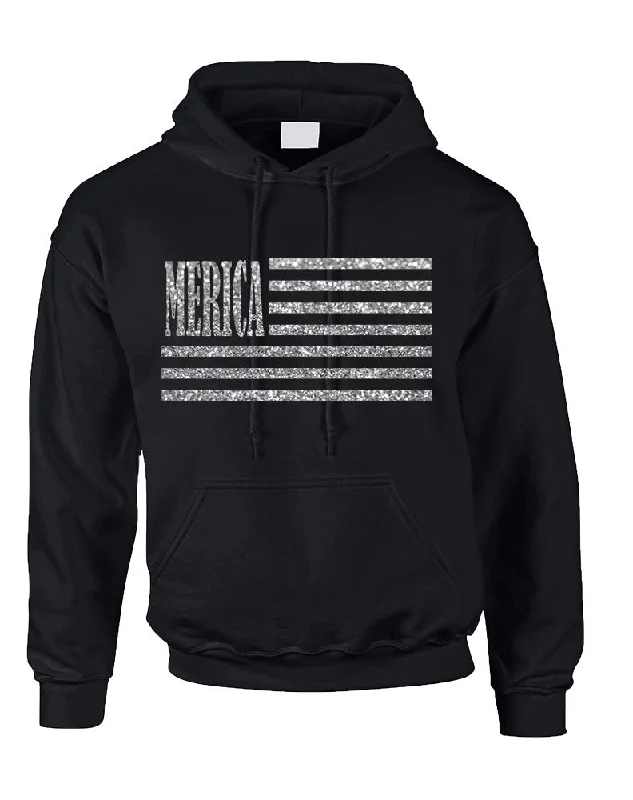 Adult Hoodie Merica Glitter Silver Flag 4th Of July USA