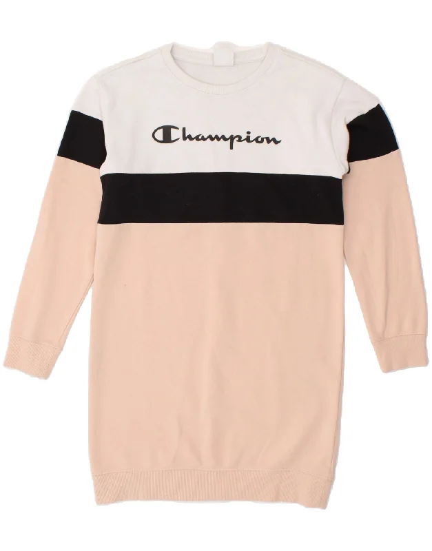 CHAMPION Girls Graphic Sweatshirt Jumper Dress 11-12 Years Large Pink