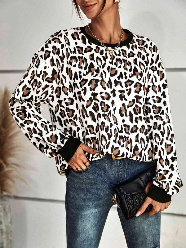 Leopard Round Neck Dropped Shoulder Ladies Sweatshirt