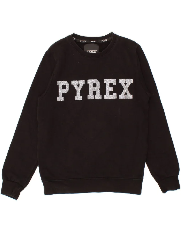 PYREX Girls Graphic Sweatshirt Jumper 12-13 Years Small Black Cotton