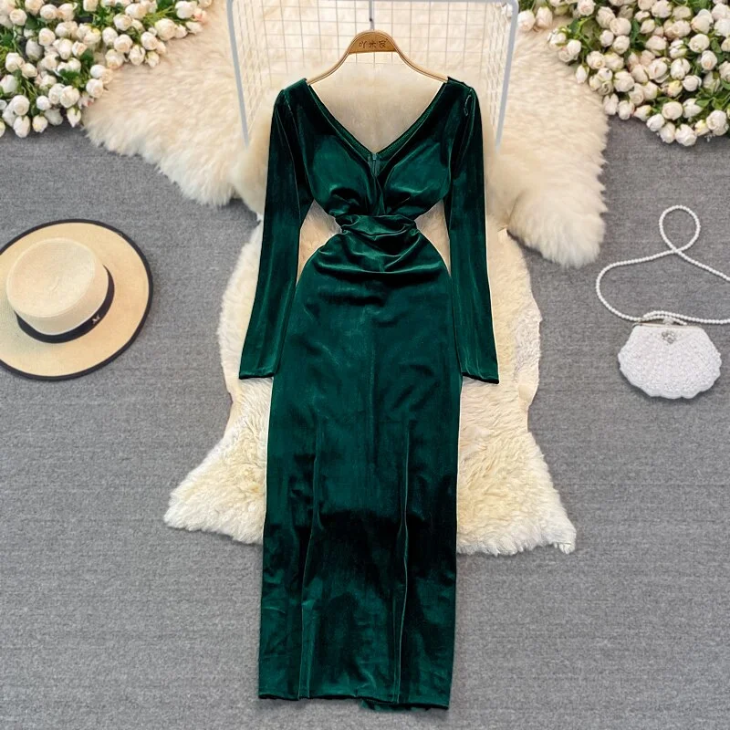 Autumn Winter Green/Black Velvet Long Dress Women Sexy V-Neck High Waist Bodycon Party Vestido Female Slim Maxi Robe Fashion