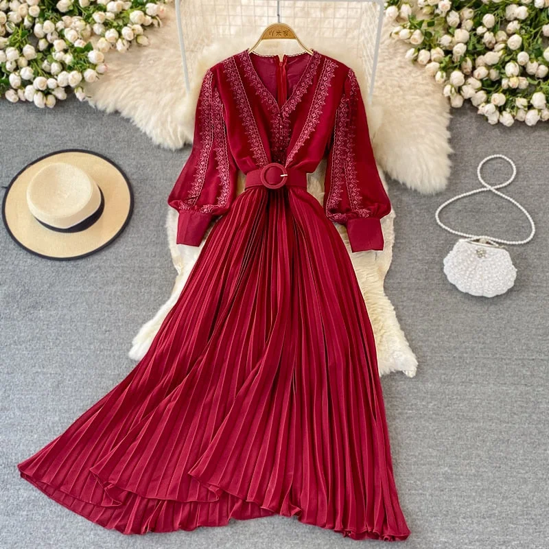 Red/Yellow/Black Embroidered Pleated Long Dress Vintage V-Neck Lantern Long Sleeve High Waist Draped Maxi Vestidos Female 2022