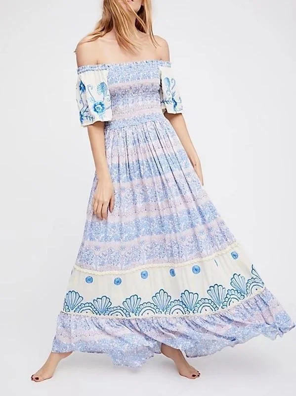 2018 New Printed Off Shoulder Beach Boho Maxi Long Dress