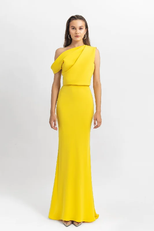 Asymmetrical cut crepe long dress with draping details on the upper part and a slim cut skirt