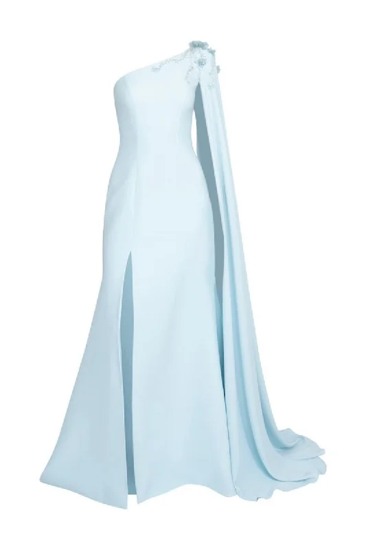 BLUE ONE-SHOULDER WITH LONG CAPE LONG DRESS