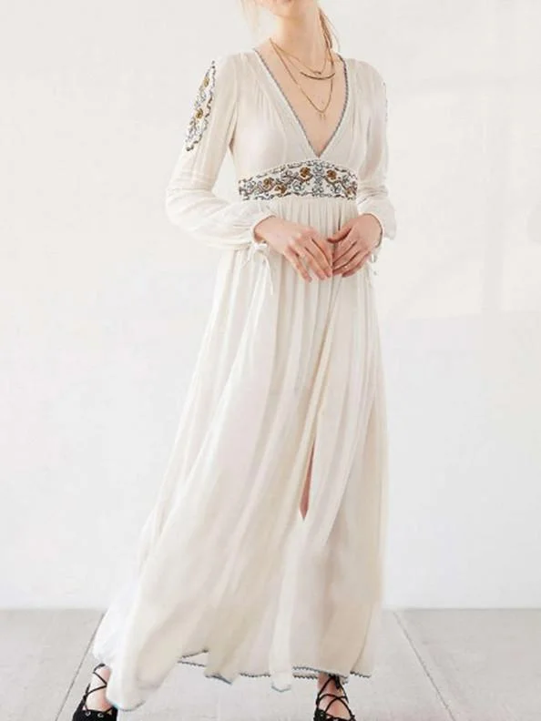 Bohemia Inwrought Long Sleeve V Neck Side Split Beach Long Dress