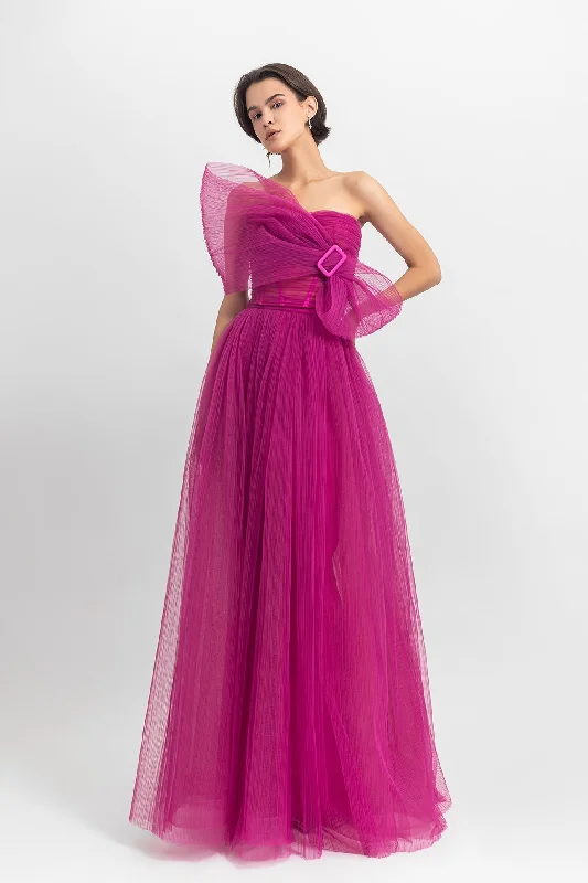 Bow-like strapless fully-pleated long dress