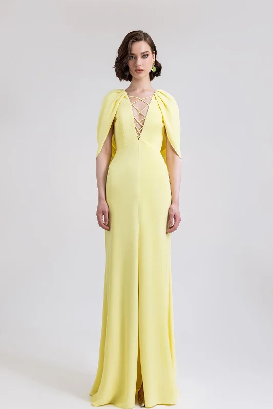 Cape like sleeves column silhouette gown