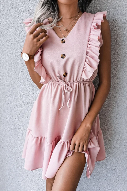 Casual Elegant Solid Buckle Flounce V Neck Waist Skirt Dresses