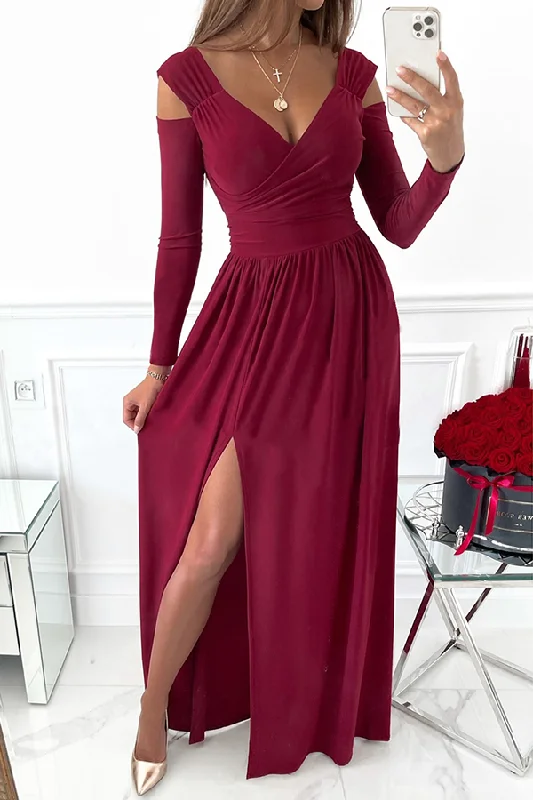 Casual Elegant Solid Hollowed Out Slit V Neck Waist Skirt Dresses