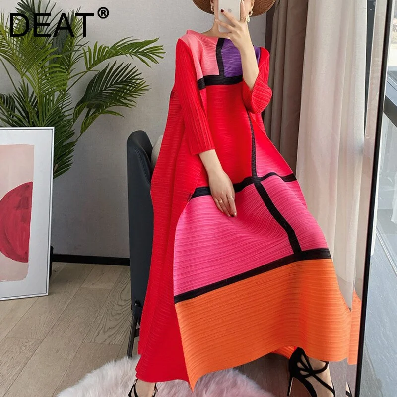 DEAT Women Maxi Pleated Dress Over Size Hit Color Stand Collar Seven Sleeve Loose Waist Casual Style 2022 Autumn 15XF771