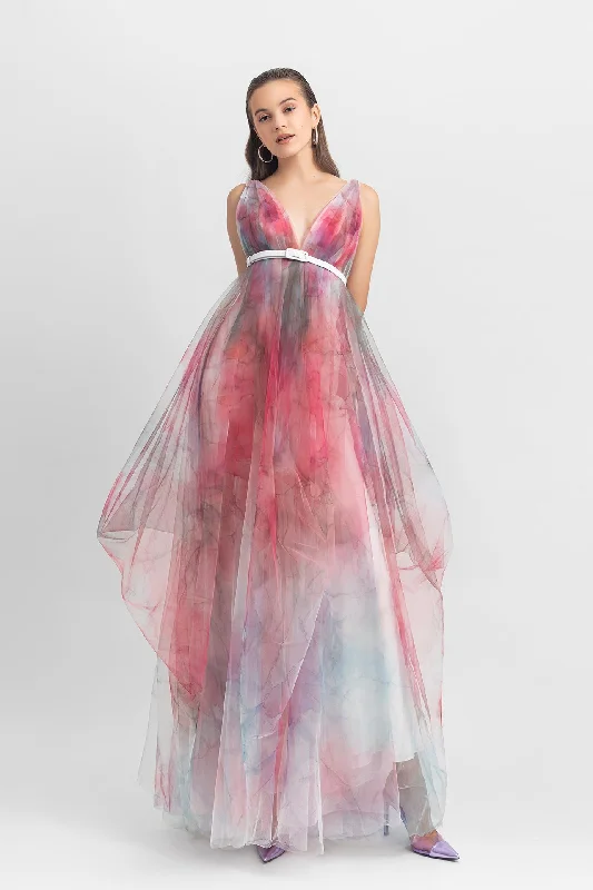 Deep V-neckline with draping details printed tulle flared backless long dress.