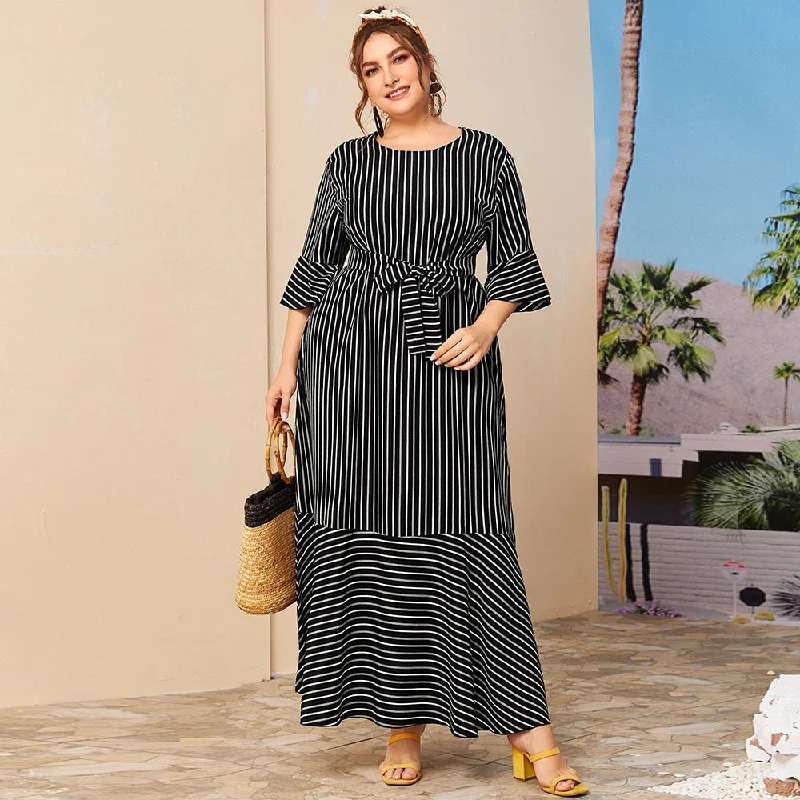 Dress Summer Women 2022 Autumn Three Quarter Sleeve Striped Print Casual Dress Black Ruffles Maxi Long Dresses