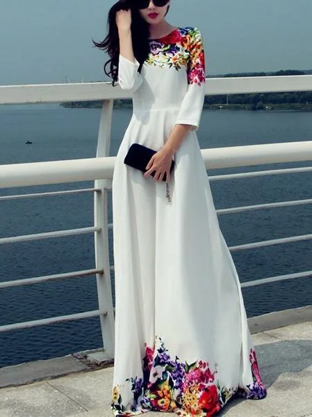 Elegant Print Round Neck Evening Maxi Long Dress