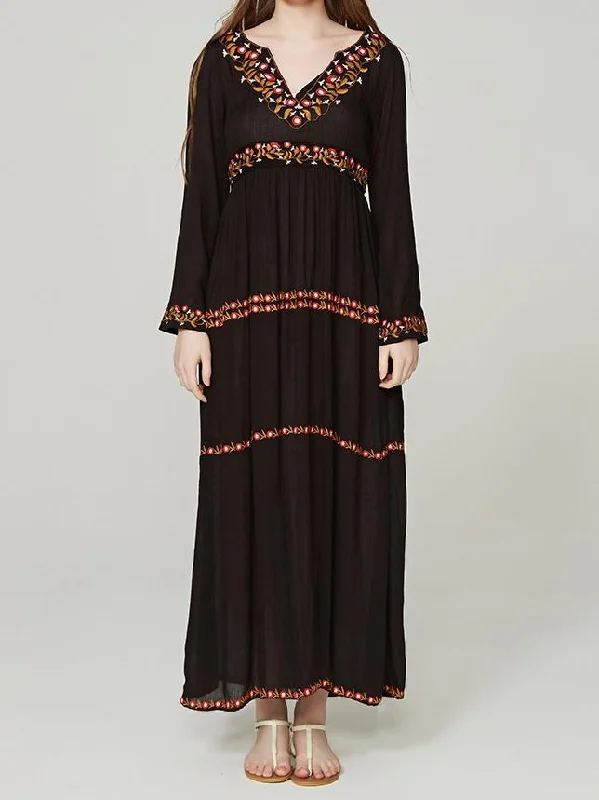 Elegant V Neck Long Sleeve Embroidered Bohemia Maxi Long Dress