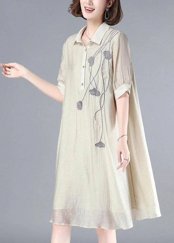 French Beige Peter Pan Collar Embroideried Button Long Dress Summer