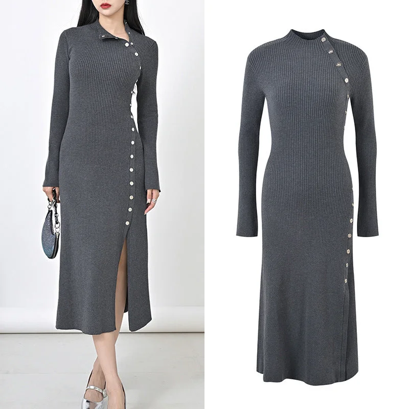 French Niche long-sleeved waist-cinching hip button dress