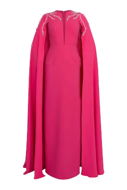 FUCHSIA STRAIGHT CUT WITH CAPE LONG DRESS