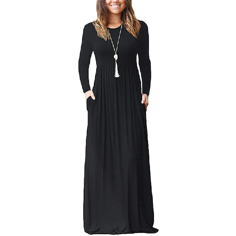 GULE GULE Women's Long Sleeve Round Neck Loose Plain Empire Waist Pleated Maxi Casual Long Dresses with Pockets