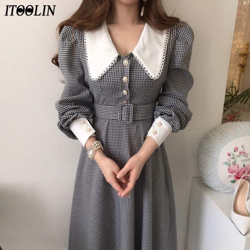 ITOOLIN Chic Autumn Long Sleeve Plaid Dress Vintage Women Belt High Waist Turn Down Collar Female Maxi Long Dresses 2022 Lady