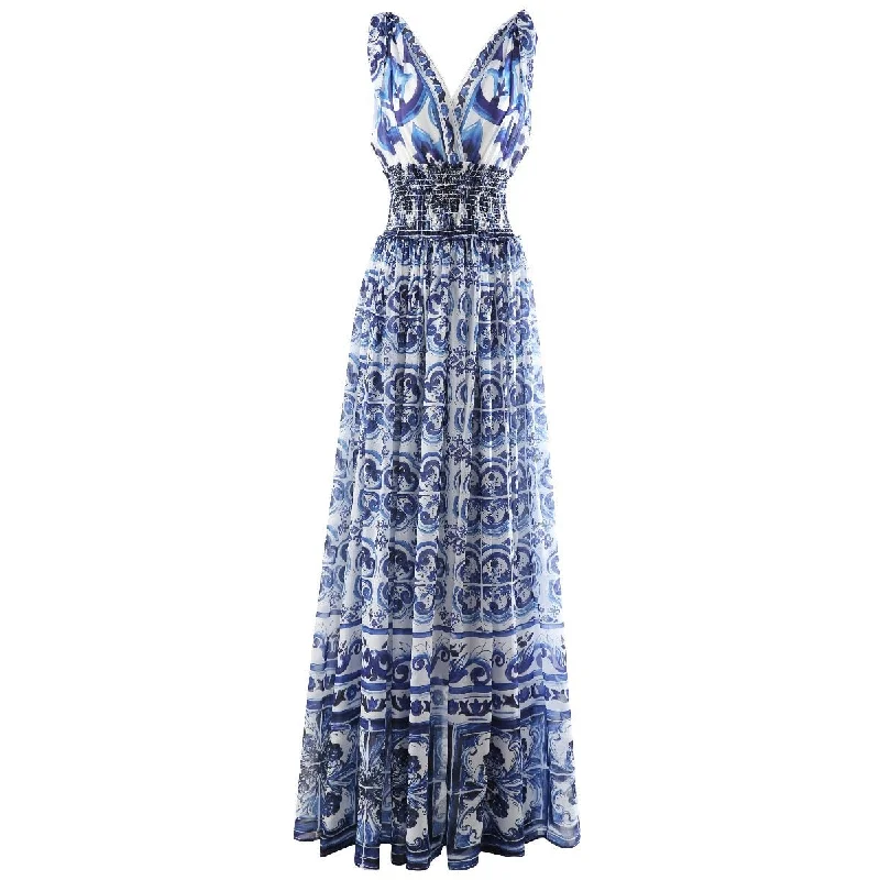 Maxi Long Dress Sleeveless Straps Blue and White Porcelain Pattern