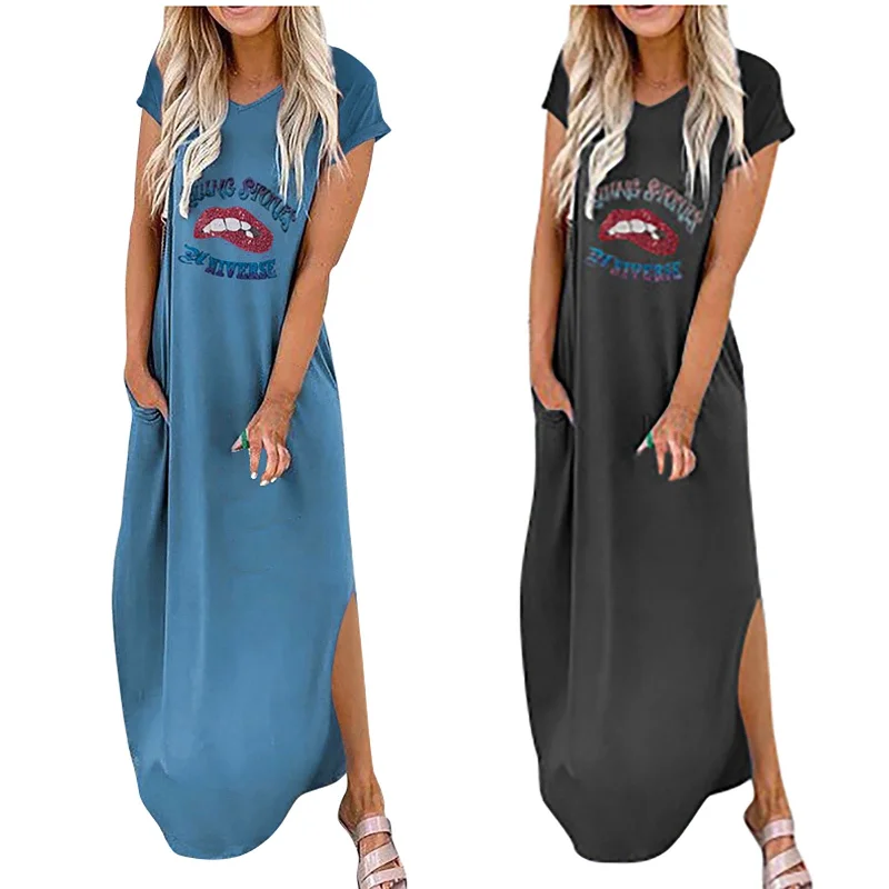 Maxi T Shirt Dress Women Summer Beach Boho Sexy Party Wrap Bodycon Elegant Casual Slit Cotton Printed Pocket Long Dress Sundress