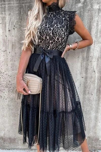 Mid Waist Slit Solid Color Mid Skirt Lace Dress