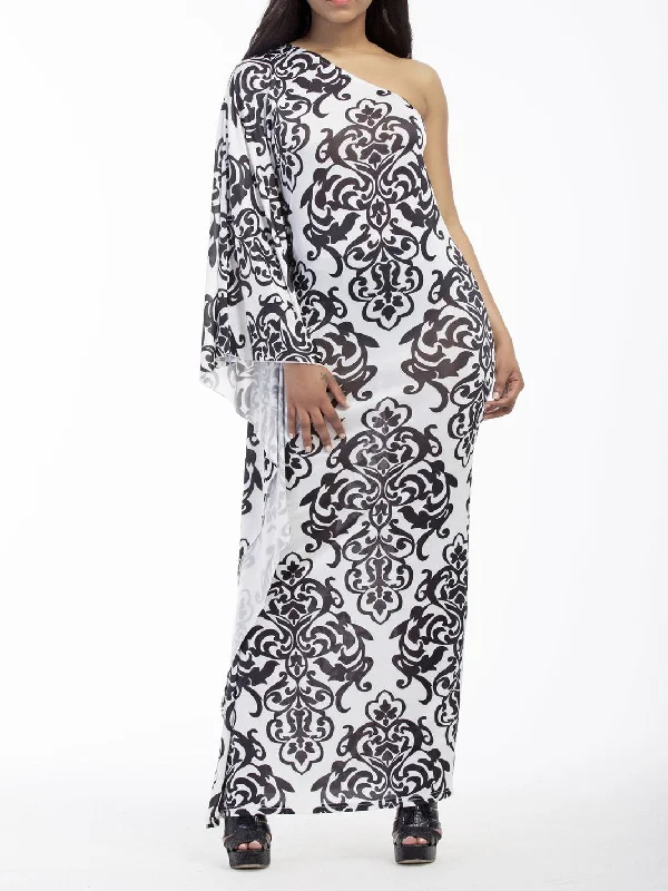 Sexy Printed Oblique Shoulder Boho Beach Maxi Long Dress