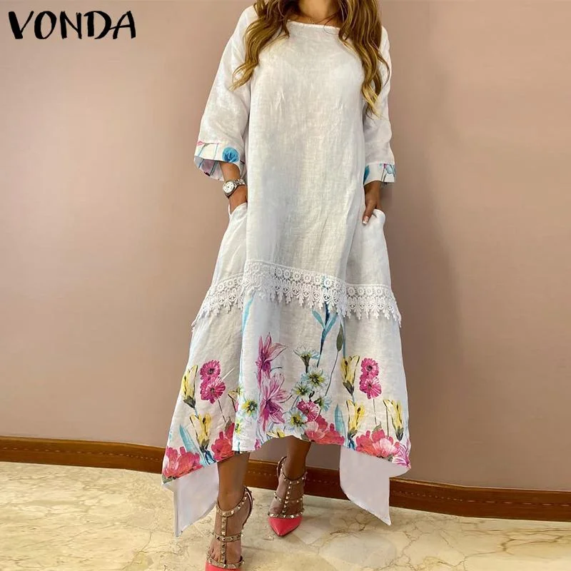 Spring Maxi Long Dress VONDA 2022 Autumn  3/4 Sleeve Lace Irregular Patchwork Dresses Vintage Floral Printed Vestidos Oversize