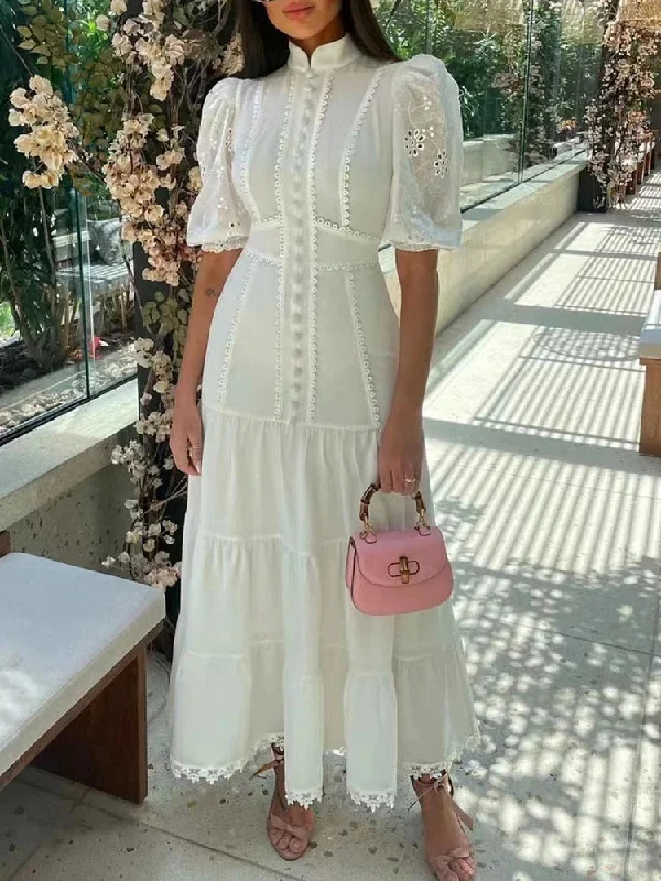 Stand Collar Short Puff Sleeve High Waist Patchwork Lace Long Dresses